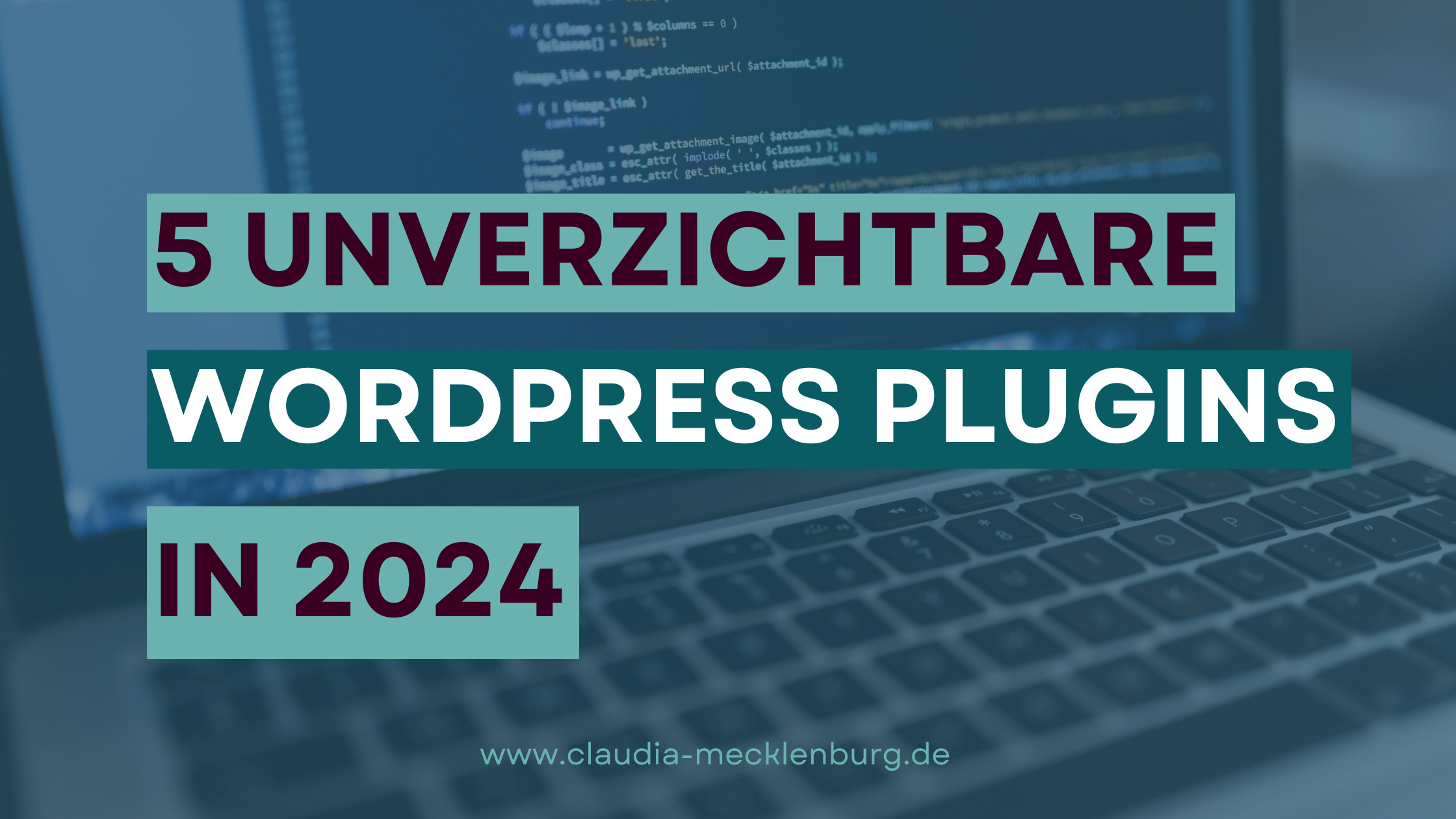 Bild von einem Laptop mit einem türkisen Overlay. Darauf steht der Titel des Blogbeitrags "5 unverzichtbare WordPress Plugins in 2024"